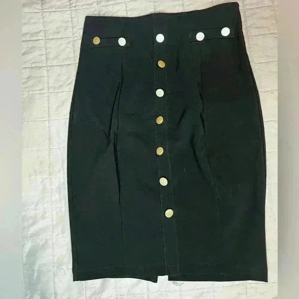 Fashion Nova Midi Skirt With‎ Buttons Color Black Size Large (0544)